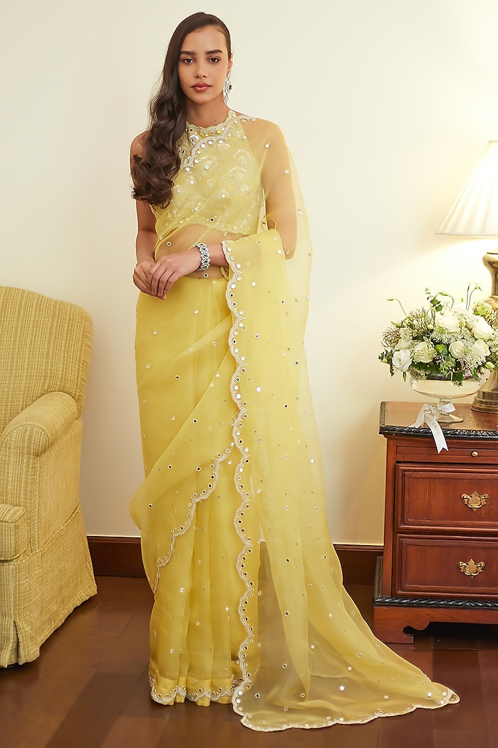 Fall Yellow Organza Mirror Embroidered Saree Set by Summer by Priyanka Gupta at Pernia's Pop Up Shop