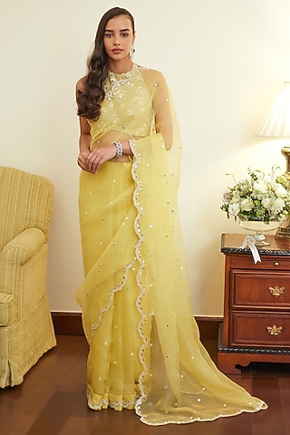 Fall Yellow Organza Mirror Embroidered Saree Set by Summer by Priyanka Gupta