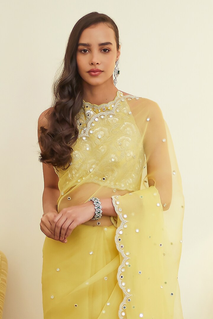 Fall Yellow Organza Mirror Embroidered Wedding Saree Set by Summer by Priyanka Gupta at Pernia's Pop Up Shop