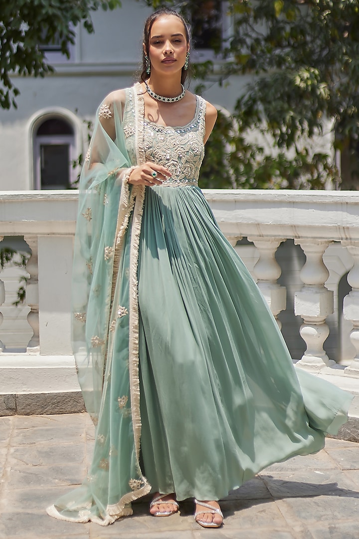 Fall Green Georgette Anarkali Set by Summer by Priyanka Gupta at Pernia's Pop Up Shop