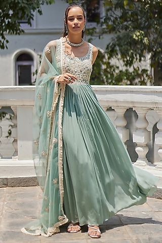 Fall Green Georgette Anarkali Set by Summer by Priyanka Gupta