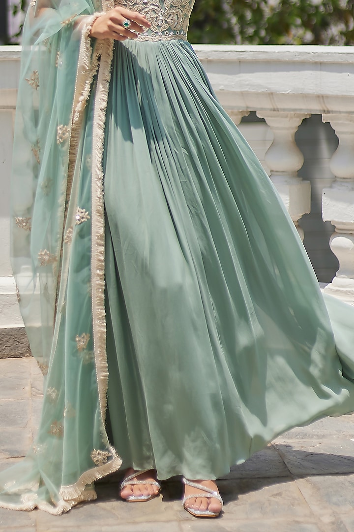 Fall Green Georgette Wedding Anarkali Set by Summer by Priyanka Gupta at Pernia's Pop Up Shop