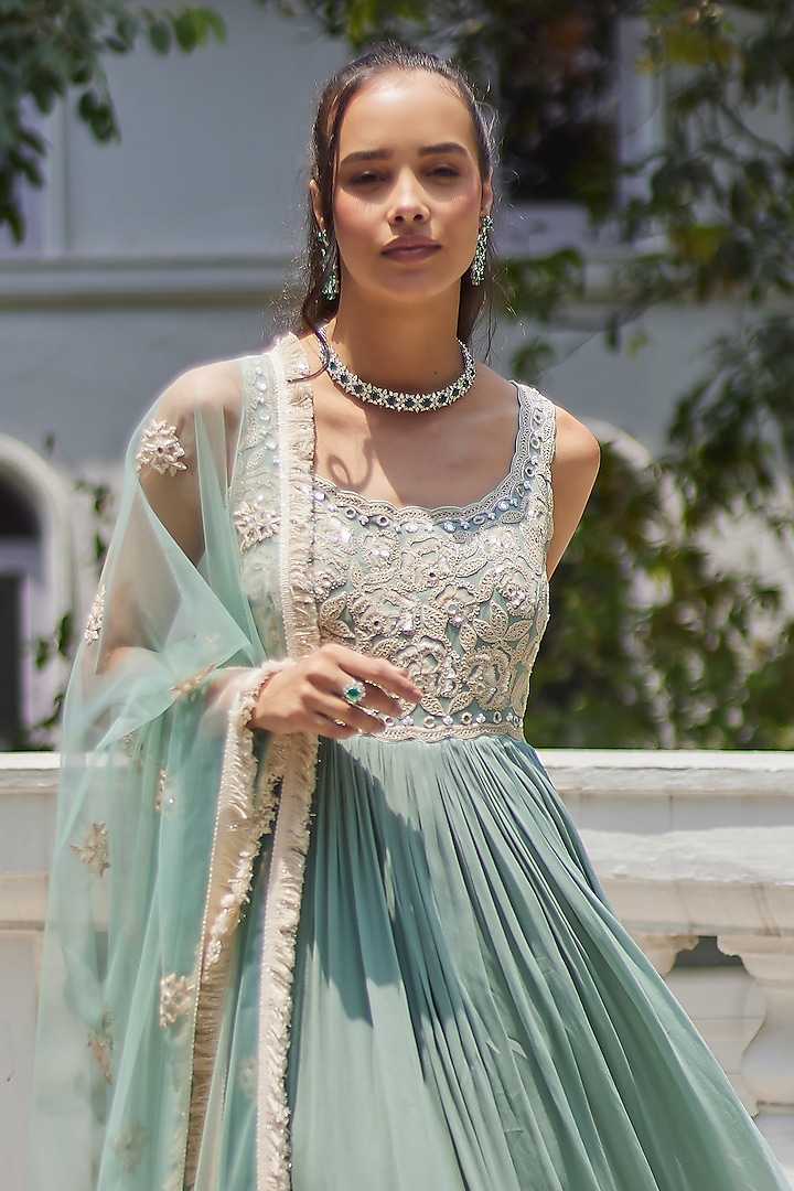 Fall Green Georgette Wedding Anarkali Set by Summer by Priyanka Gupta at Pernia's Pop Up Shop