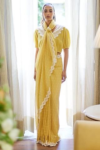 Fall Yellow Cotton Mul Polka Dot Embroidered Saree Set by Summer by Priyanka Gupta