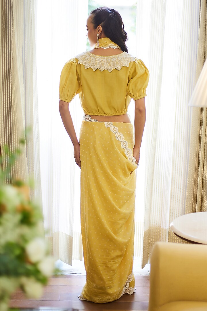 Fall Yellow Cotton Mul Polka Dot Embroidered Party Wear Saree Set by Summer by Priyanka Gupta at Pernia's Pop Up Shop