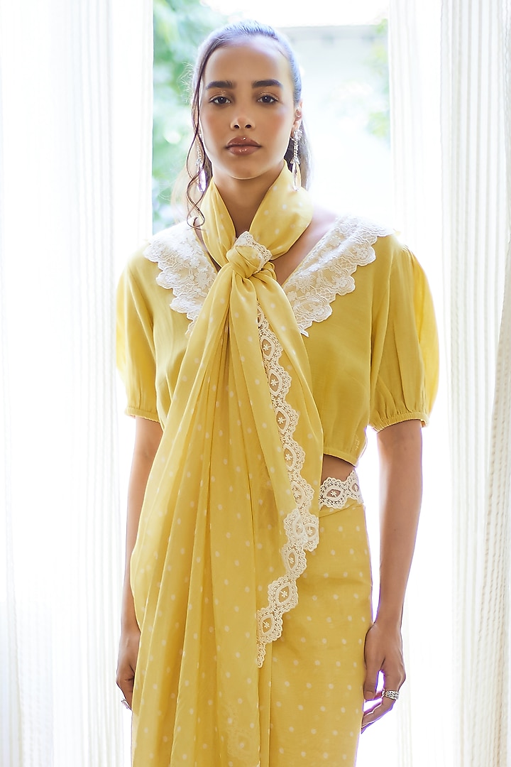 Fall Yellow Cotton Mul Polka Dot Embroidered Party Wear Saree Set by Summer by Priyanka Gupta at Pernia's Pop Up Shop