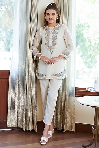 Ivory Cotton Mul Dori Work Co-Ord Set by Summer by Priyanka Gupta