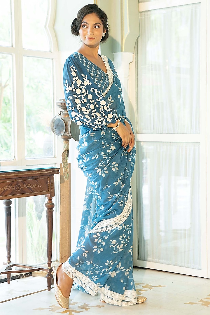 Paisley Blue Printed & Embroidered Saree Set by Summer by Priyanka Gupta