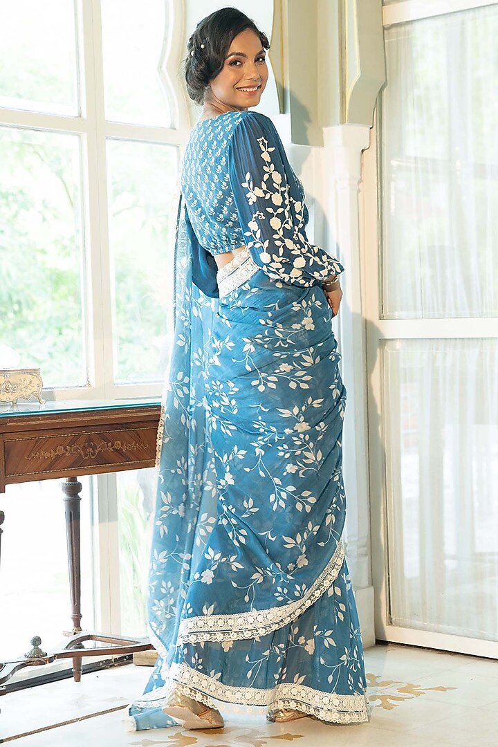 Paisley Blue Silk Mulmul Printed & Embroidered Party Wear Saree Set by Summer by Priyanka Gupta at Pernia's Pop Up Shop