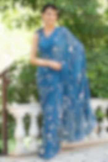 Navy Blue Embroidered Saree Set by Summer by Priyanka Gupta