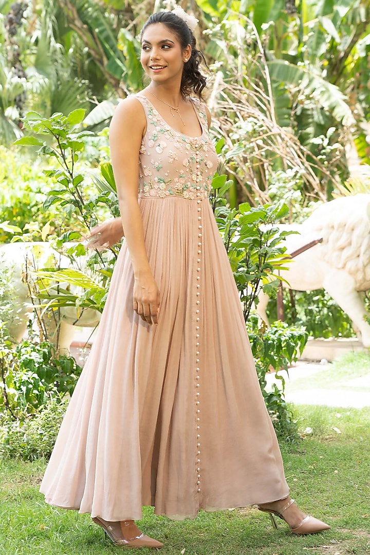 Blush Pink Hand Embroidered Maxi Dress by Summer by Priyanka Gupta