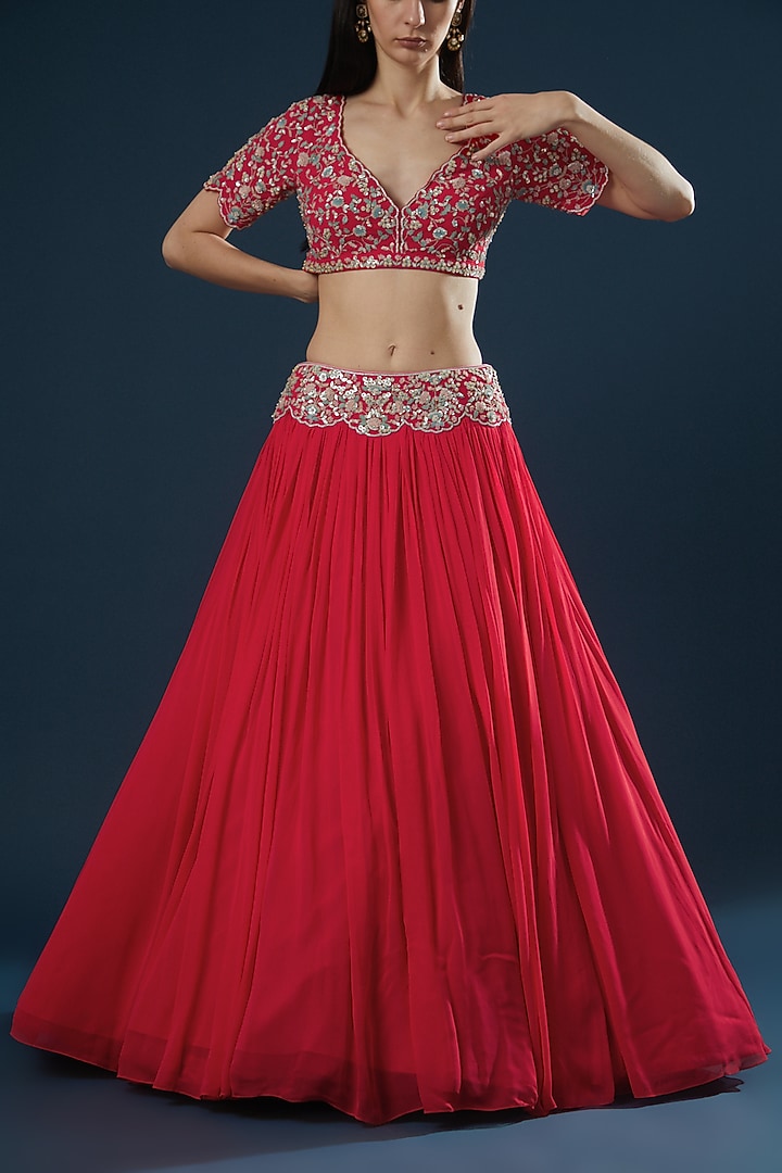 Red Hand Embroidered Wedding Lehenga Set by Summer by Priyanka Gupta at Pernia's Pop Up Shop
