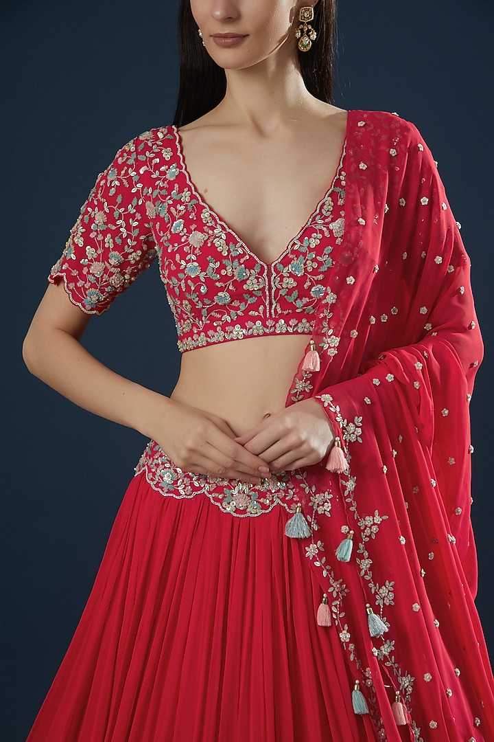 Red Hand Embroidered Wedding Lehenga Set by Summer by Priyanka Gupta at Pernia's Pop Up Shop