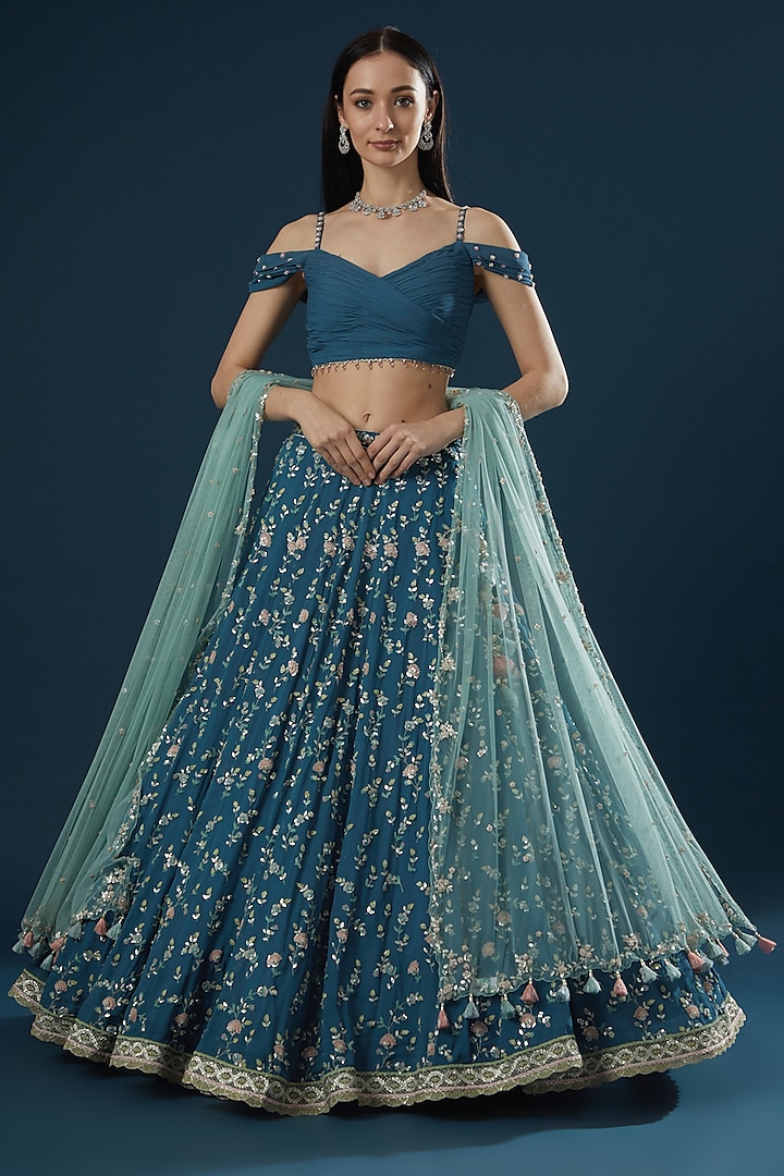 Blue Hand Embroidered Bridal Lehenga Set by Summer by Priyanka Gupta at Pernia's Pop Up Shop