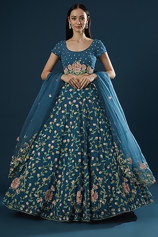 Blue Hand & Machine Embroidered Lehenga Set by Summer by Priyanka Gupta