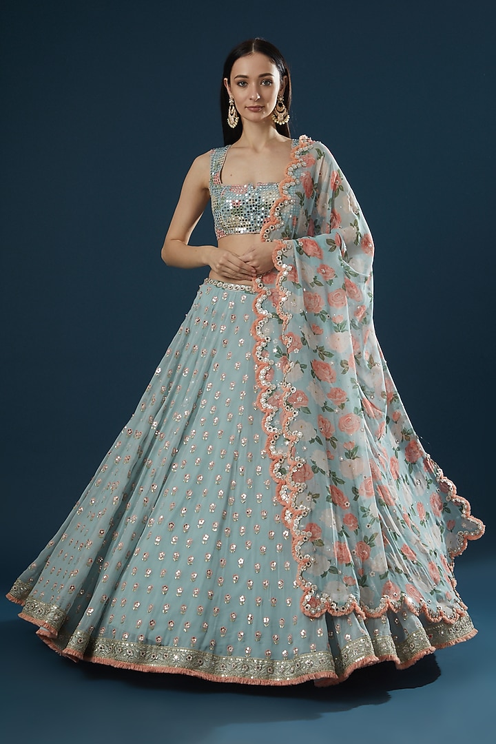 Teal Hand Embroidered Wedding Lehenga Set by Summer by Priyanka Gupta at Pernia's Pop Up Shop
