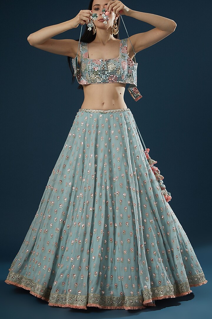 Teal Hand Embroidered Wedding Lehenga Set by Summer by Priyanka Gupta at Pernia's Pop Up Shop