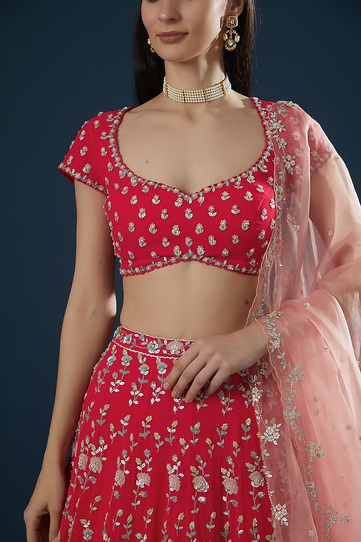 Red Hand Embroidered Bridal Lehenga Set by Summer by Priyanka Gupta at Pernia's Pop Up Shop