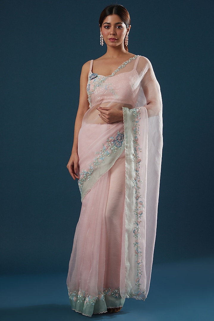 Pink Hand Embroidered Wedding Saree Set by Summer by Priyanka Gupta at Pernia's Pop Up Shop