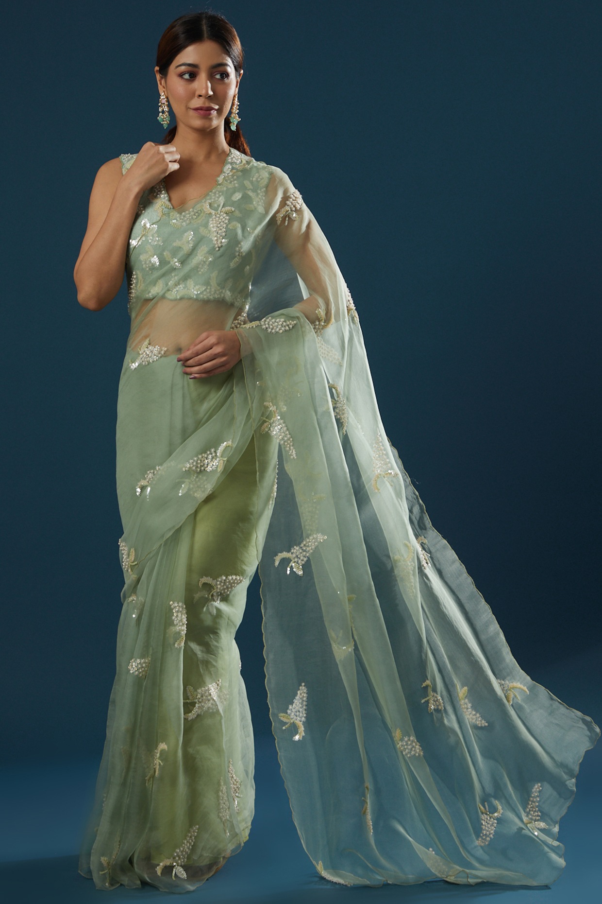 Sage Green Pure Crepe Hand Embroidered Saree Set Design by SIDDHARTHA  BANSAL at Pernia's Pop Up Shop 2024