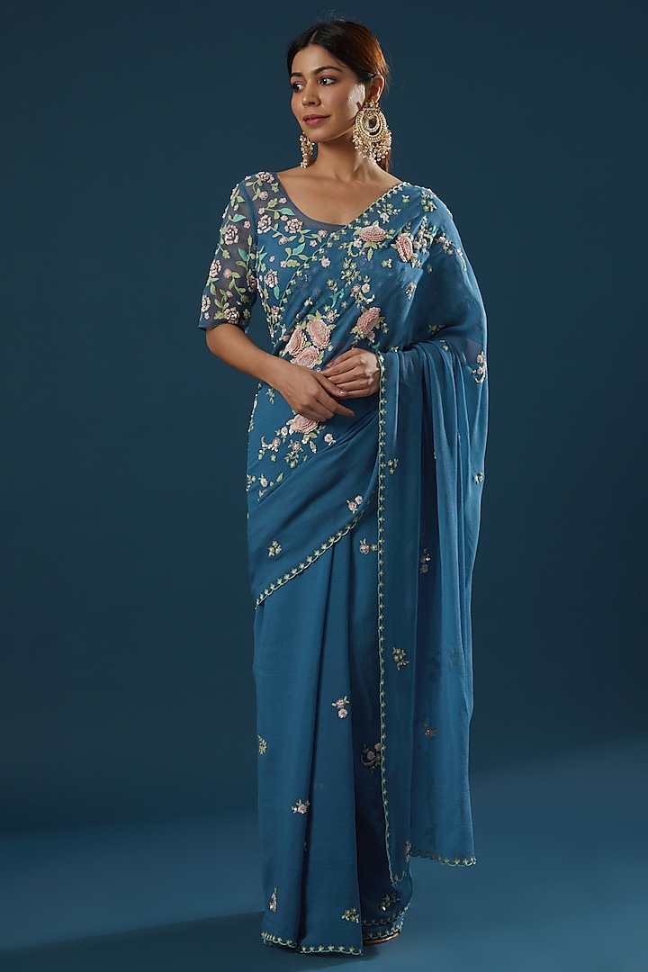 Blue Hand Embroidered Saree Set by Summer by Priyanka Gupta