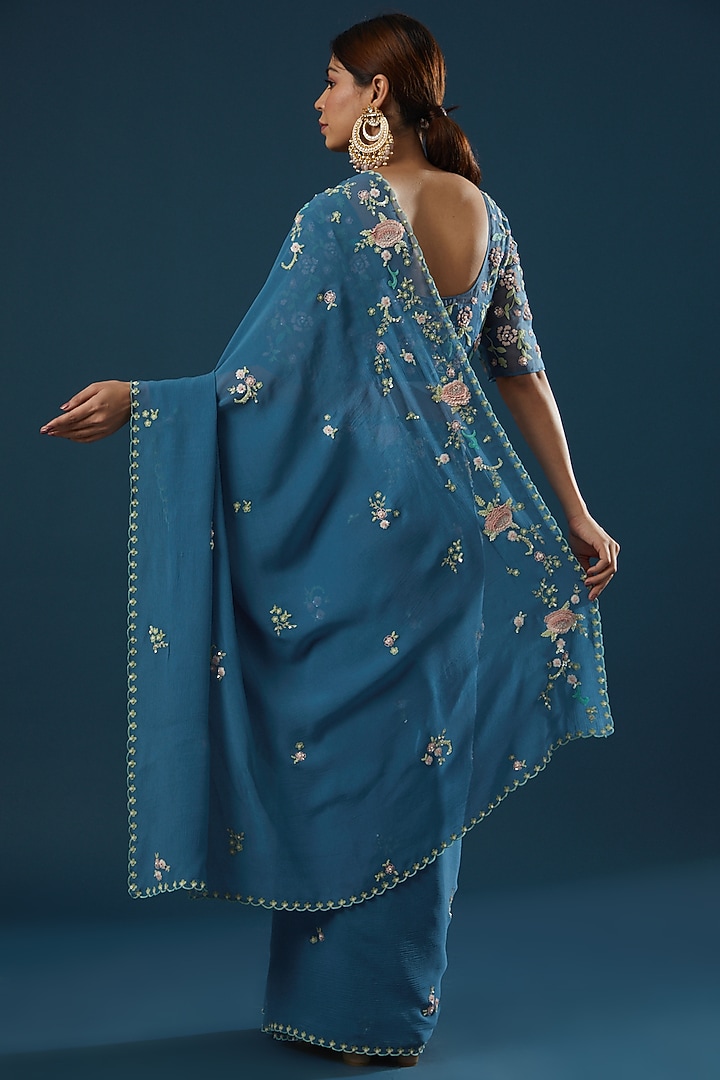 Blue Hand Embroidered Wedding Saree Set by Summer by Priyanka Gupta at Pernia's Pop Up Shop