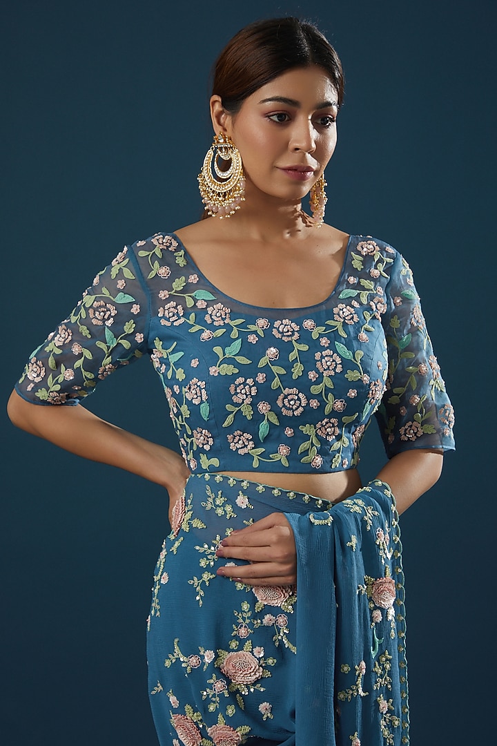 Blue Hand Embroidered Wedding Saree Set by Summer by Priyanka Gupta at Pernia's Pop Up Shop