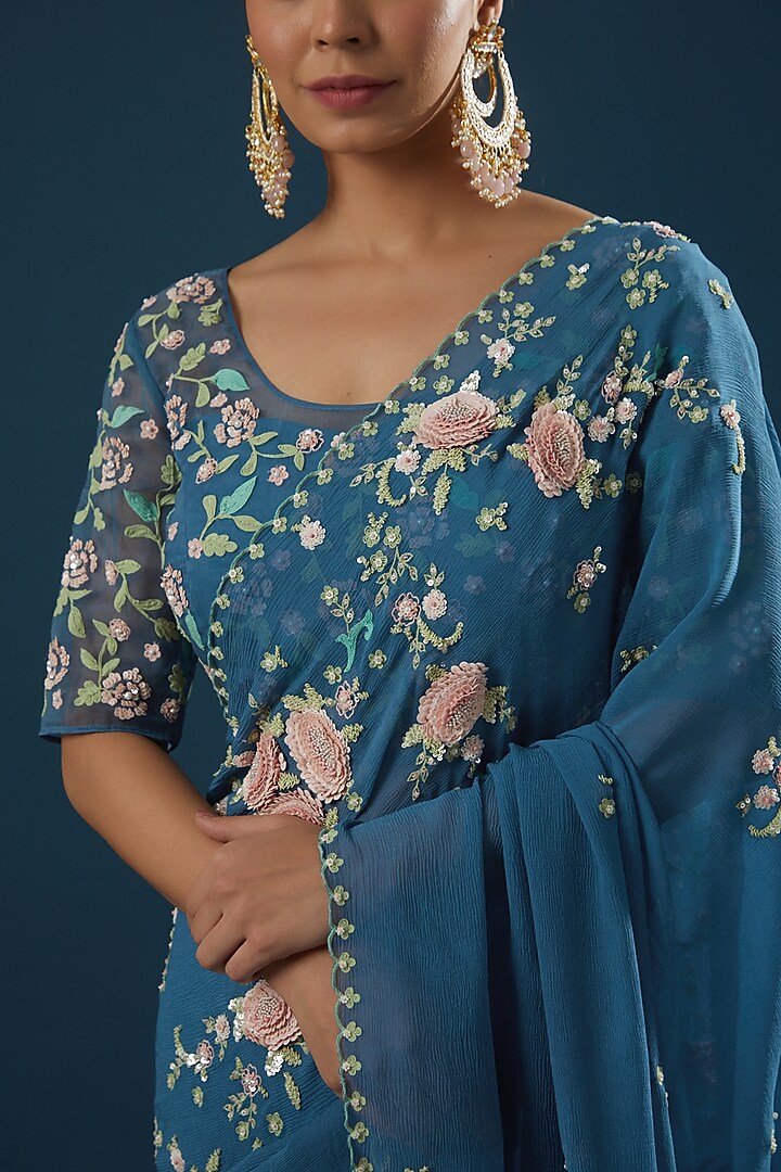 Blue Hand Embroidered Wedding Saree Set by Summer by Priyanka Gupta at Pernia's Pop Up Shop