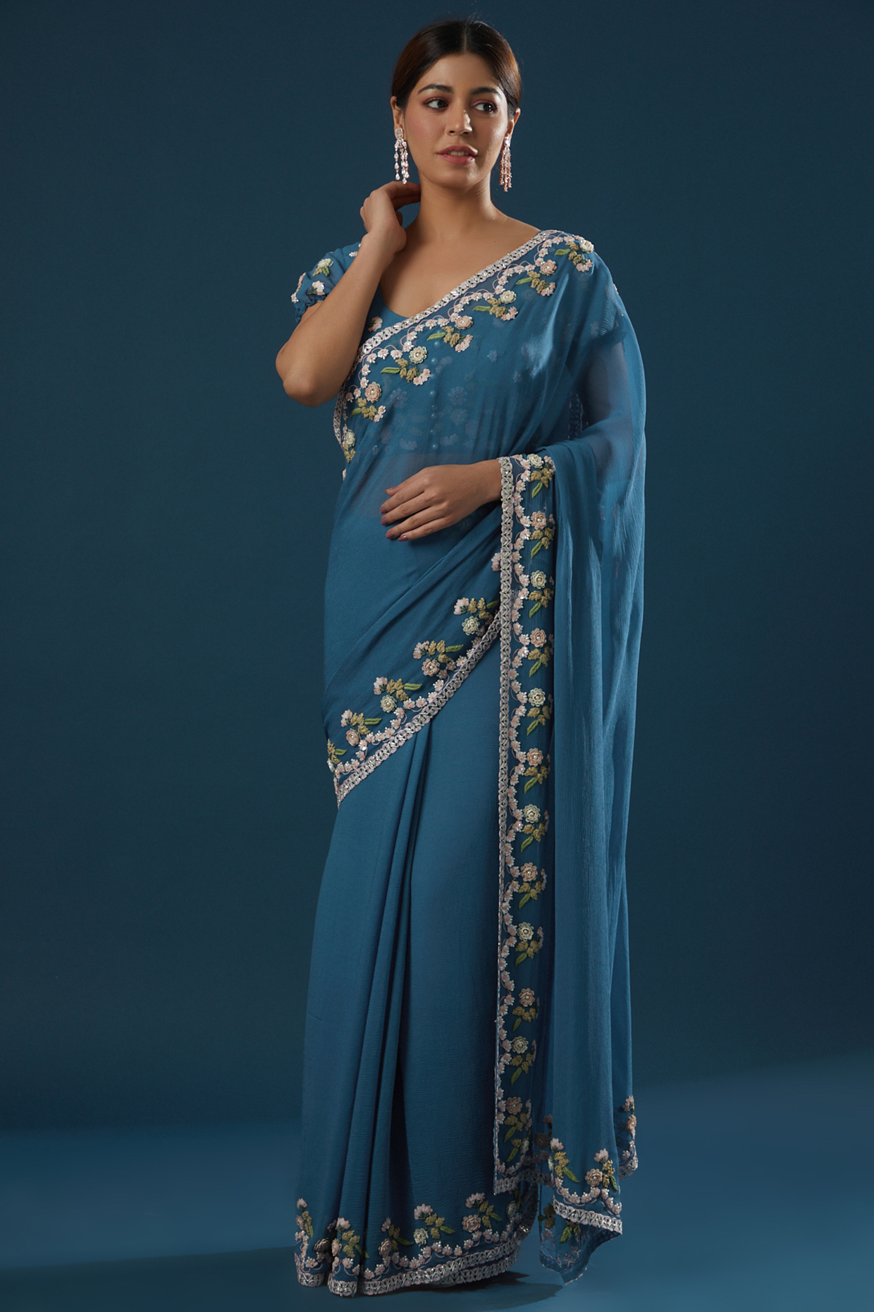 Blue Embroidered Wedding Saree Set by Summer by Priyanka Gupta at Pernia's Pop Up Shop