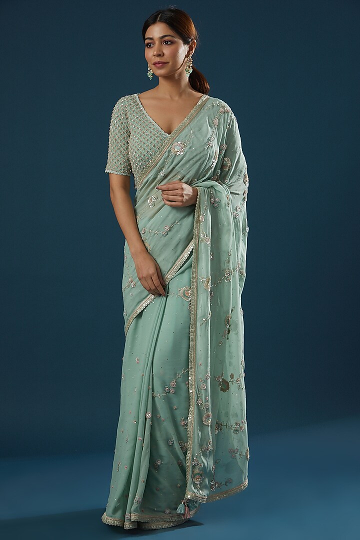 Teal Hand Embroidered Wedding Saree Set by Summer by Priyanka Gupta at Pernia's Pop Up Shop
