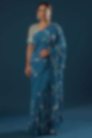 Blue Wedding Saree Set With Hand Embroidery by Summer by Priyanka Gupta at Pernia's Pop Up Shop