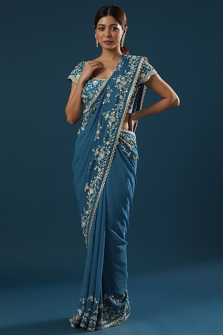 Blue Hand Embroidered Saree Set by Summer by Priyanka Gupta