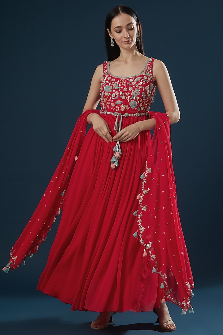 Red Embroidered Anarkali Set by Summer by Priyanka Gupta