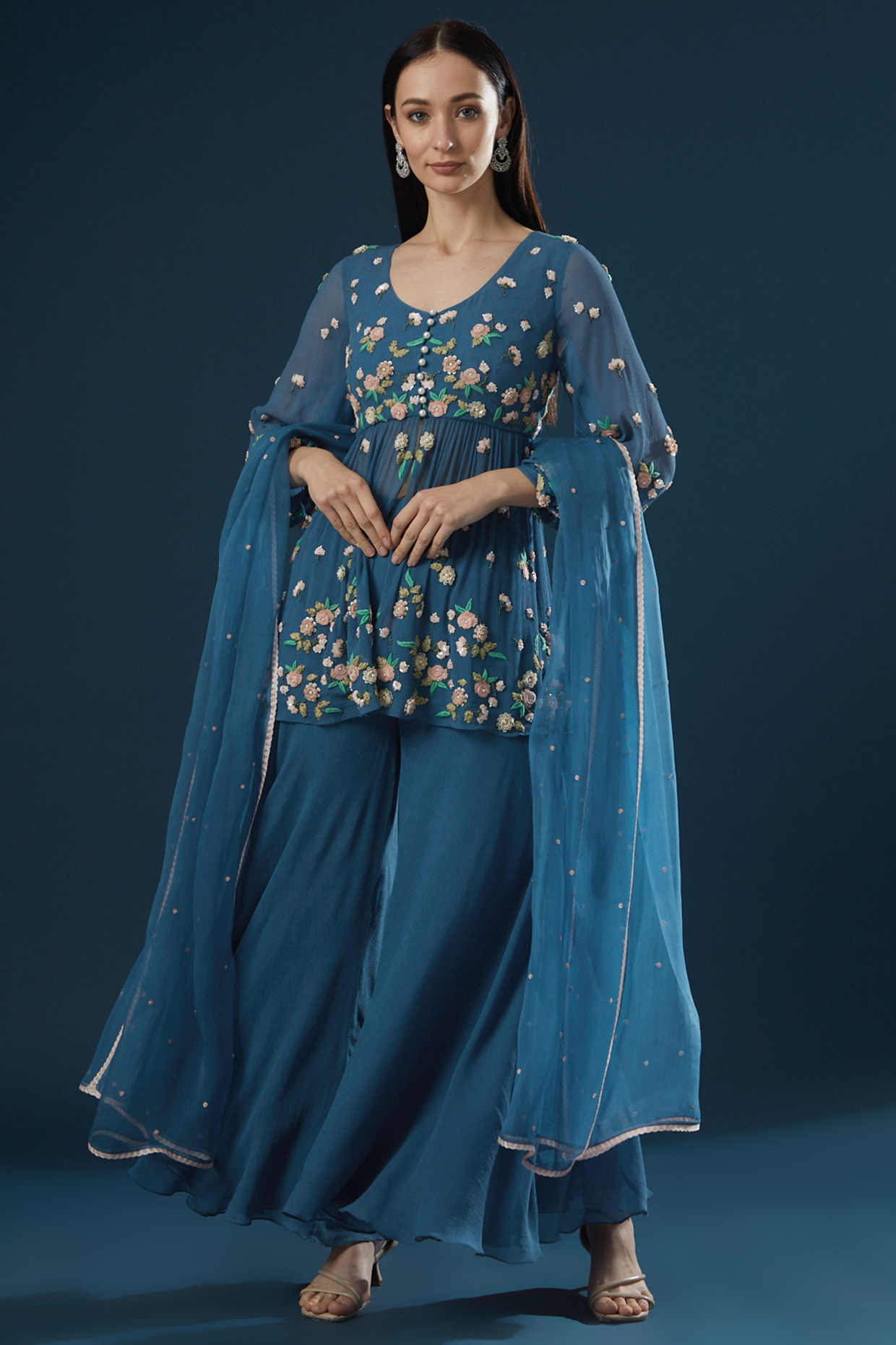 Blue Chiffon Wedding Sharara Set by Summer by Priyanka Gupta at Pernia's Pop Up Shop