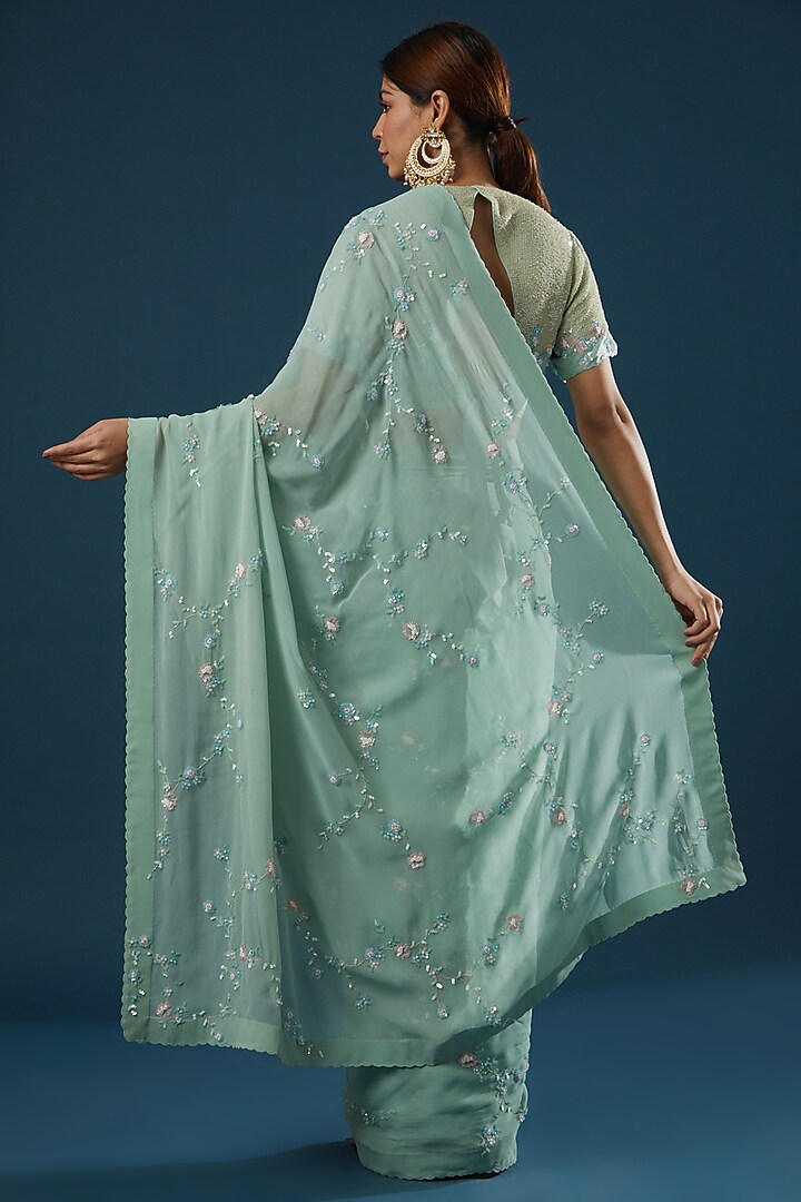 Teal Hand Embroidered Wedding Saree Set by Summer by Priyanka Gupta at Pernia's Pop Up Shop