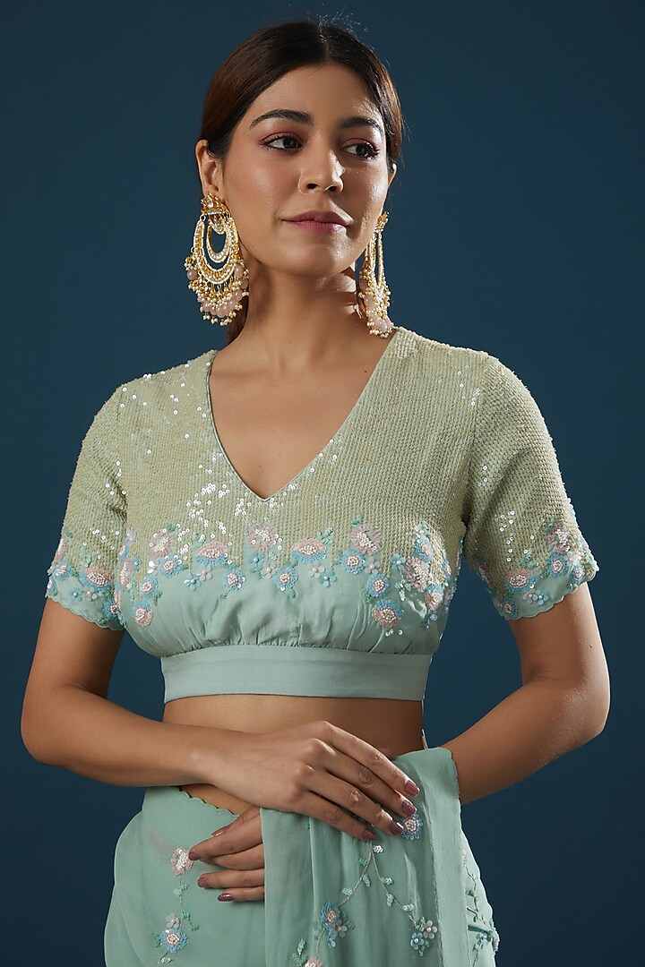 Teal Hand Embroidered Wedding Saree Set by Summer by Priyanka Gupta at Pernia's Pop Up Shop