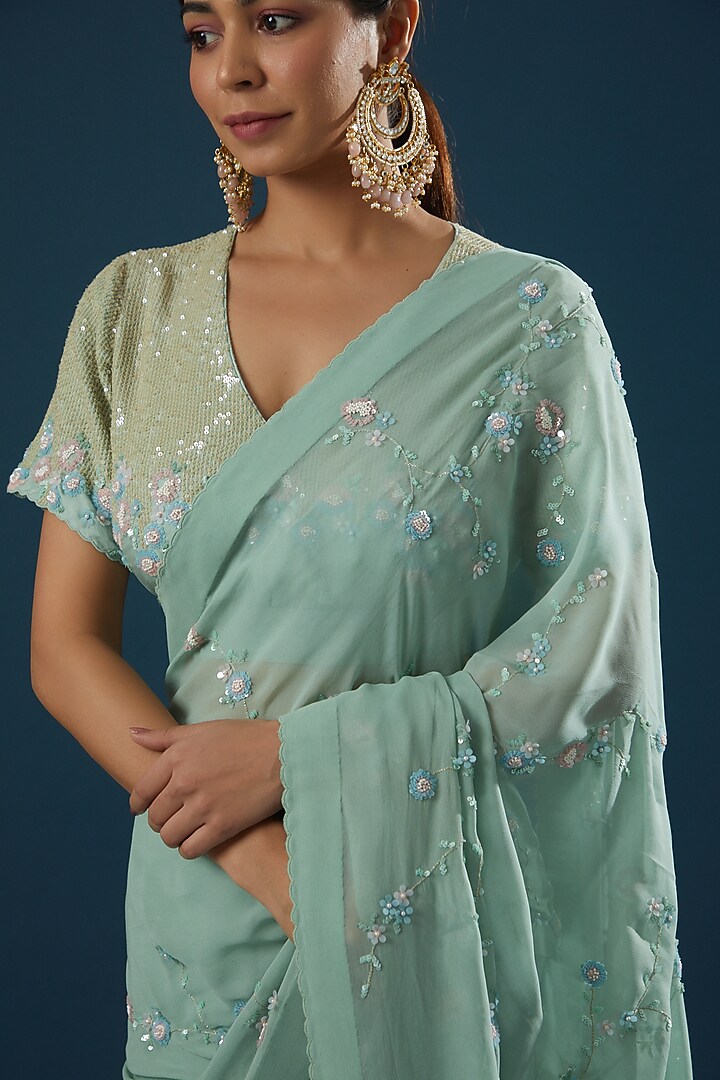 Teal Hand Embroidered Wedding Saree Set by Summer by Priyanka Gupta at Pernia's Pop Up Shop