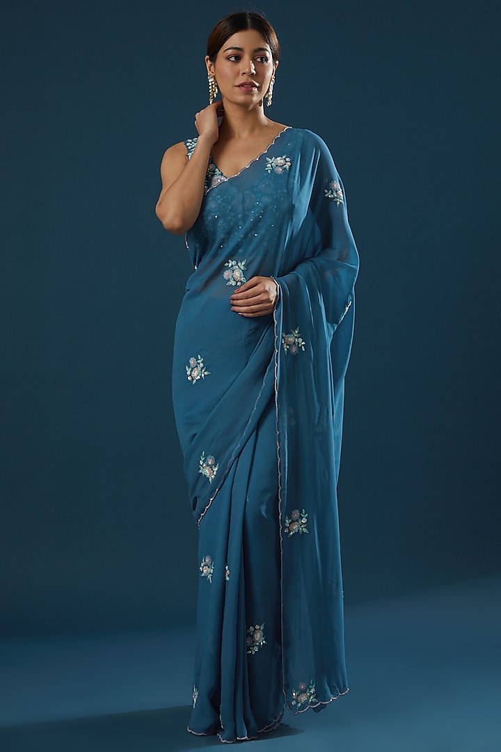 Blue Georgette Embroidered Saree Set by Summer by Priyanka Gupta