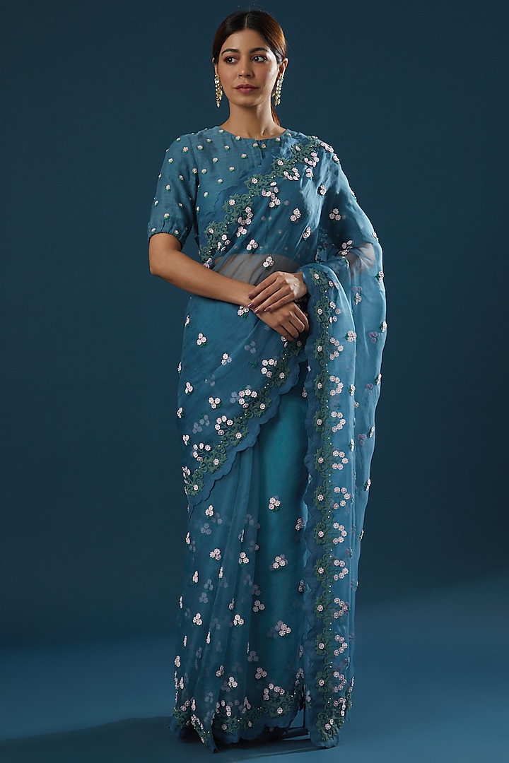 Blue Machine Embroidered Saree Set by Summer by Priyanka Gupta