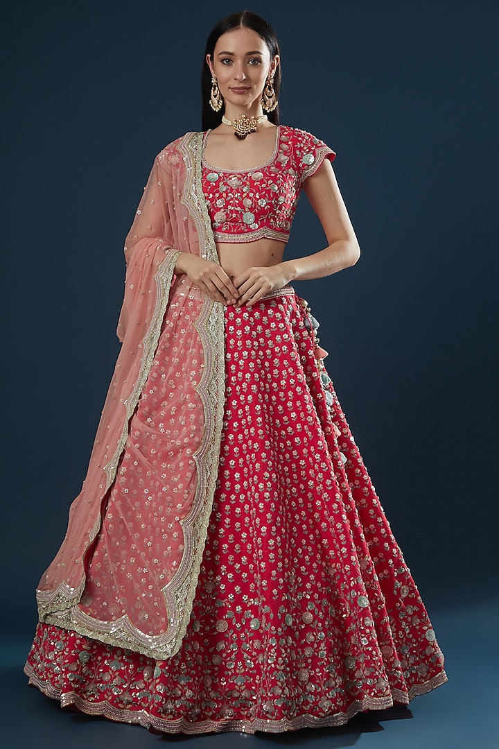 Red Hand Embroidered Bridal Lehenga Set by Summer by Priyanka Gupta at Pernia's Pop Up Shop