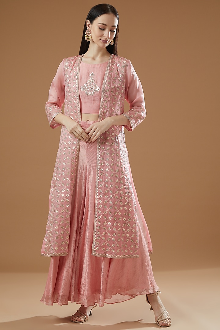 Blush Pink Organza Embroidered Jacket Set by Surabhi Arya
