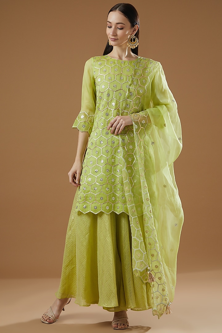 Green Tissue Sharara Set by Surabhi Arya