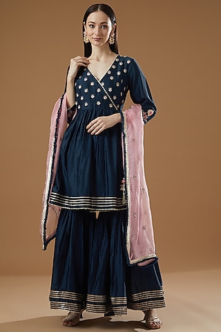 Blue Chanderi Gharara Set by Surabhi Arya