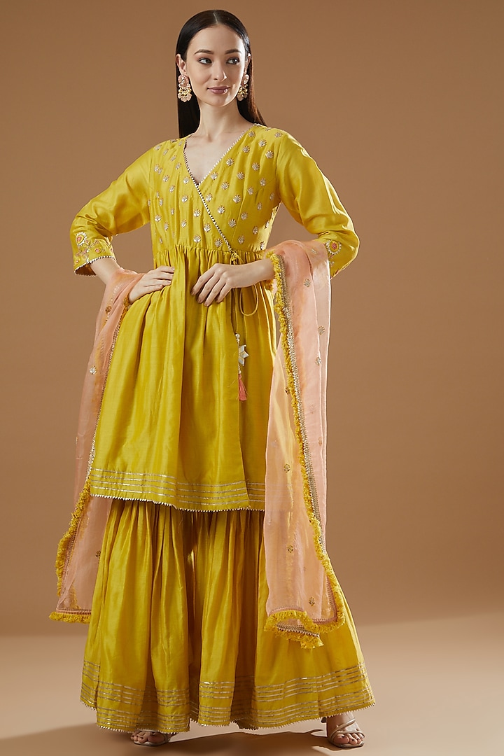 Yellow Chanderi Gharara Set by Surabhi Arya