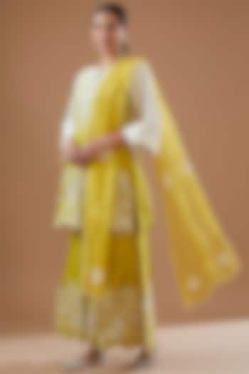 Yellow Chanderi Embroidered Sharara Set by Surabhi Arya