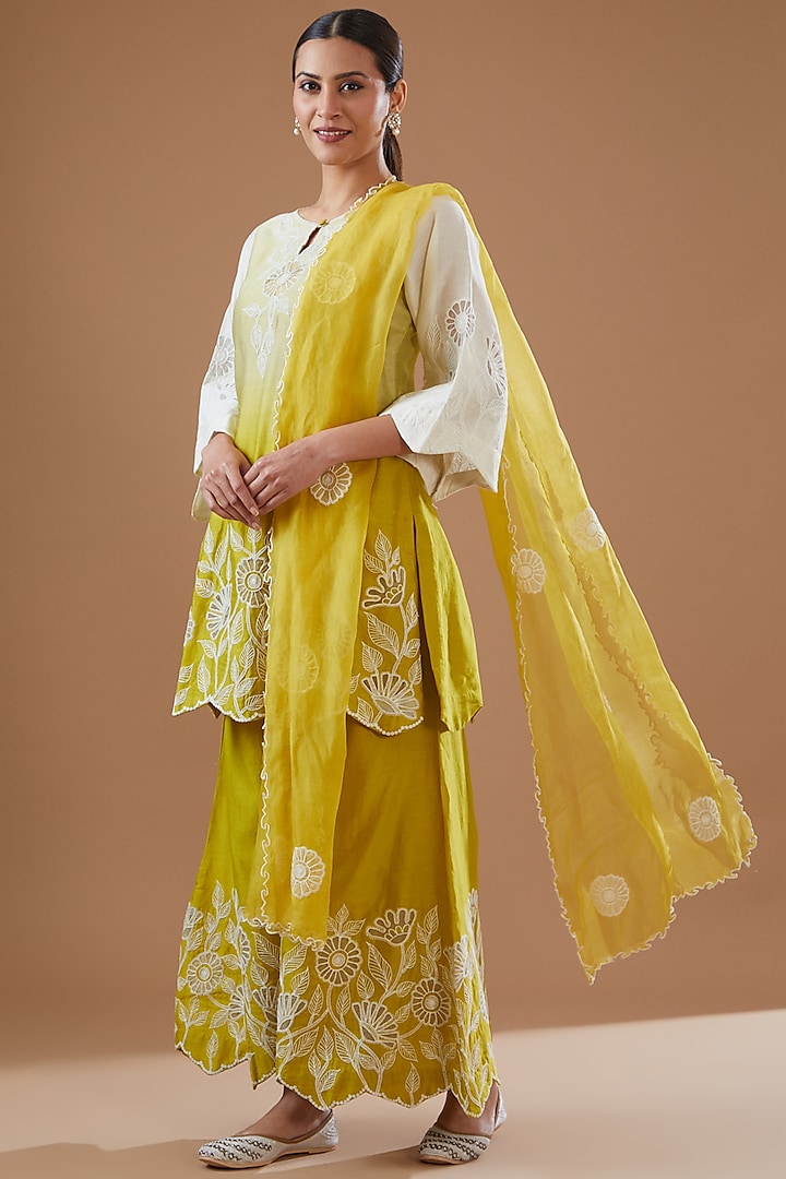 Yellow Chanderi Embroidered Sharara Set by Surabhi Arya