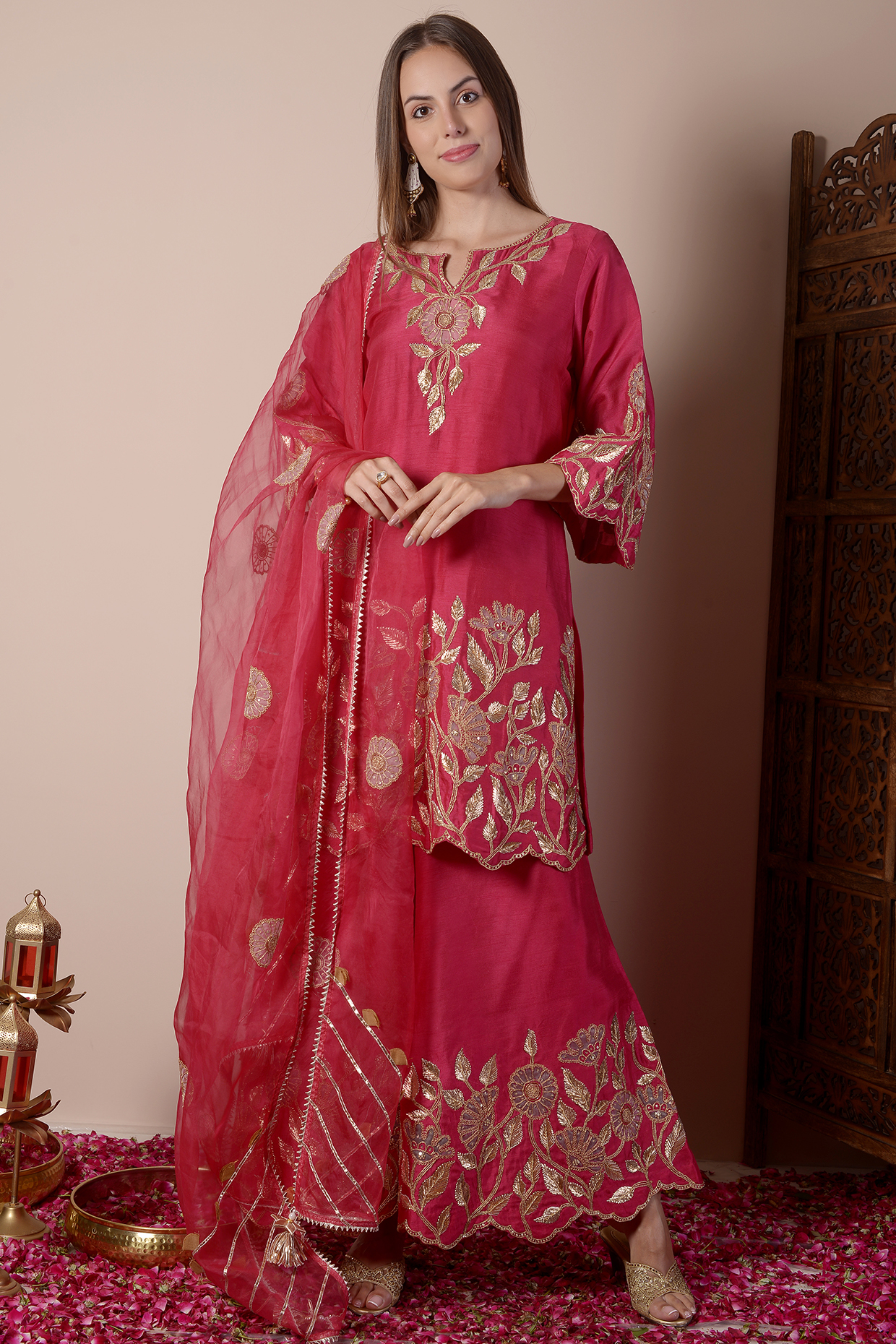 Apple Red Chanderi Patchwork Wedding Sharara Set by Surabhi Arya at Pernia's Pop Up Shop