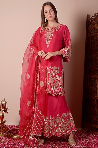 Apple Red Chanderi Patchwork Sharara Set by Surabhi Arya