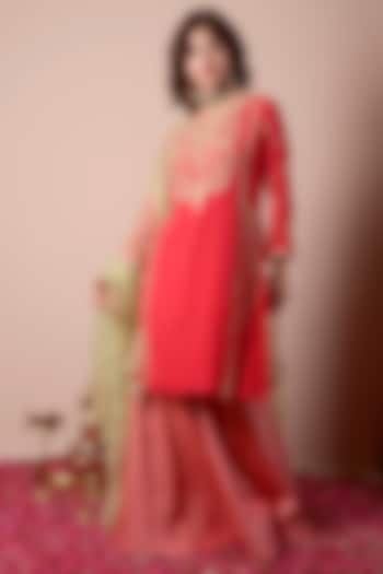 Cherry Red Brocade Sharara Set by Surabhi Arya at Pernia's Pop Up Shop