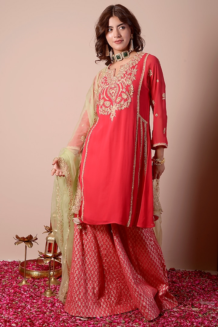 Cherry Red Brocade Sharara Set by Surabhi Arya at Pernia's Pop Up Shop